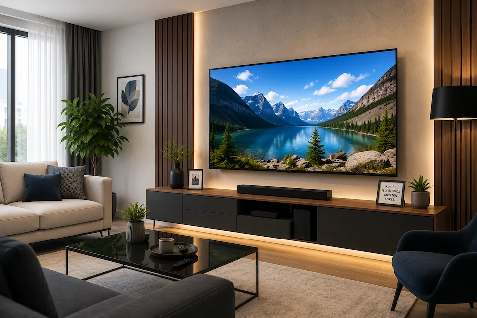 Mersin ikinci el televizyon alım satımı için modern salonda duvara monte büyük ekran Smart TV ve modern TV ünitesi.