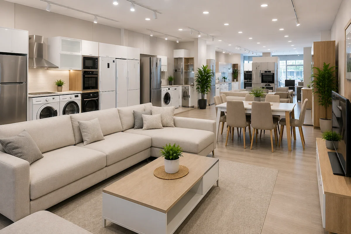 Mersin Kaya Spot mağazasında modern ikinci el mobilya ve beyaz eşya showroom görünümü