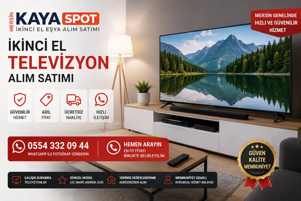 Mersin ikinci el televizyon alım satımı için modern salonda büyük ekran Smart TV, güvenilir hizmet ve ücretsiz nakliye görseli.
