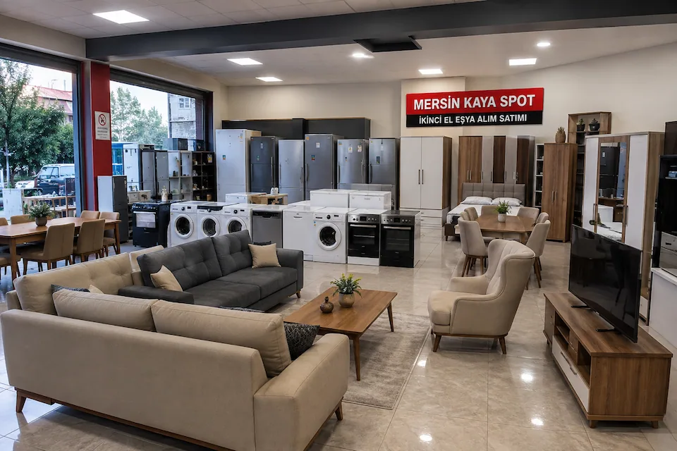 Mersin Kaya Spot mağazasında satışa sunulan temiz ve güncel model ikinci el mobilya, beyaz eşya ve ev eşyaları.