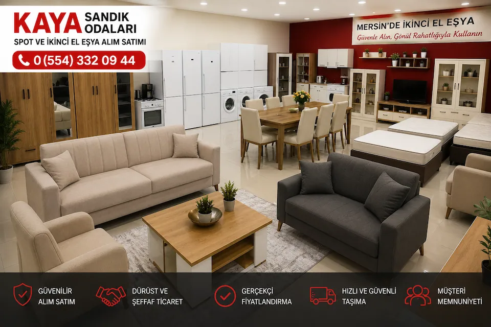 Kaya Sandık Odaları mağazasında sergilenen temiz, güncel model ikinci el mobilya, beyaz eşya ve elektronik eşyalar.
